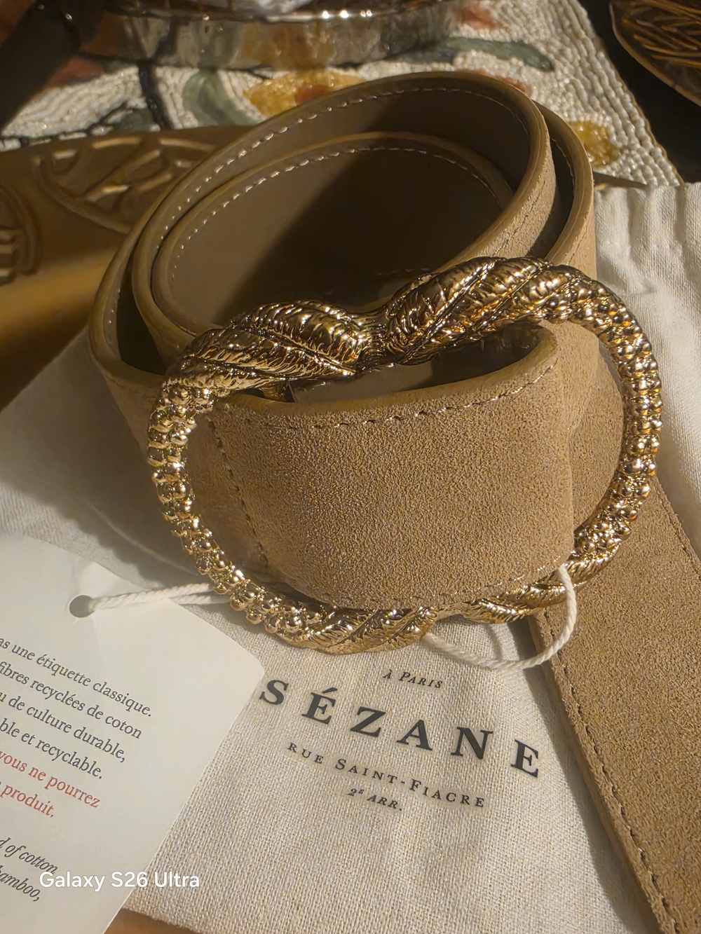 Sezane Tan Suede Belt with Gold Braided Buckle